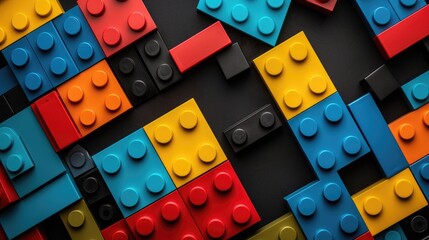 Vibrant close-up showcasing a colorful LEGO block pattern against a dark backdrop, Ai Generated.