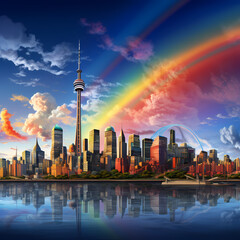 A city skyline with a rainbow stretching across.