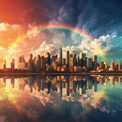 A city skyline with a rainbow stretching across.