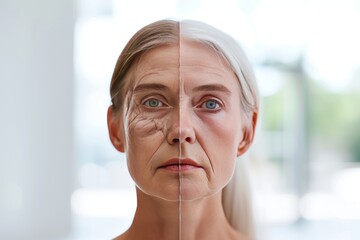 Aging snore. Comparison young to old woman silver years. Less Wrinkles, andropause, junk food and acne, lines through skincare, anti aging cream, dull skin and face lift - obrazy, fototapety, plakaty