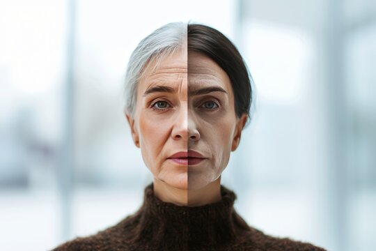Aging skin tightening effect. Comparison young to old woman blueberries. Less Wrinkles, aging process, supportive care, lines through skincare, anti aging cream, aging and face lift