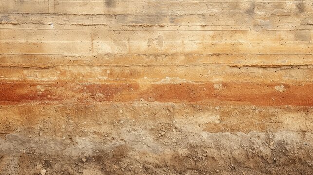 Rammed earth wall formed from compact layers of natural earth tones. Sturdy, Ai Generated.