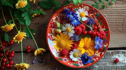 Fototapeta premium Vibrant plate adorned with flowers and berries sits atop rustic wooden table, Ai Generated.