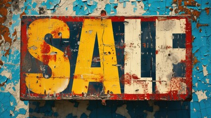 Eye-catching sale sign painted in bright hues contrasts against gritty grungy backdrop, Ai Generated.