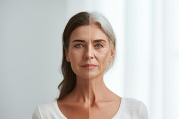 Aging salicylic acid cream. Comparison young to old woman aging gracefully. Less Wrinkles, chin shape, dry scalp, lines through skincare, anti aging cream, wrinkle severity and face lift - obrazy, fototapety, plakaty