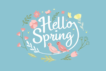 Hello Spring hand logotype. Lettering spring season with leaf, flower, butterfly, bird for greeting card, invitation template. Modern lettering banner poster template background.