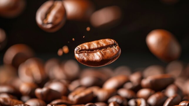 Roasted coffee beans cascading onto a mound of beans. Aromatic richness captured, Ai Generated.