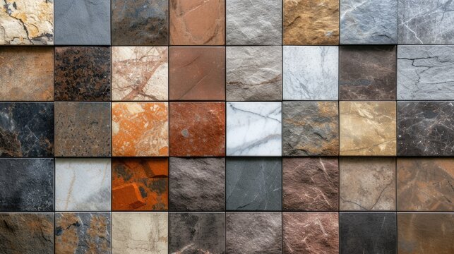 Assorted wall tile samples showcasing diverse textures. Design possibilities unfold, Ai Generated.