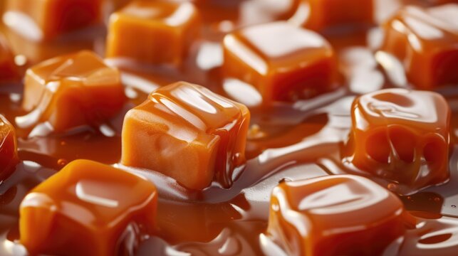 Decadent caramel candies drizzled with sauce, forming a sweet background. Tempting texture, Ai Generated.