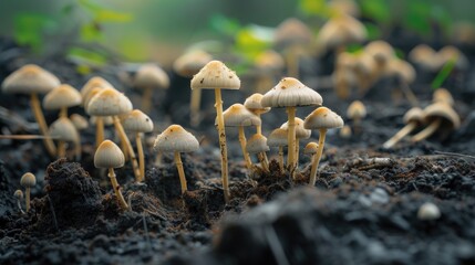 Mushrooms flourishing together on the ground, a natural marvel of fungal growth, Ai Generated. - obrazy, fototapety, plakaty