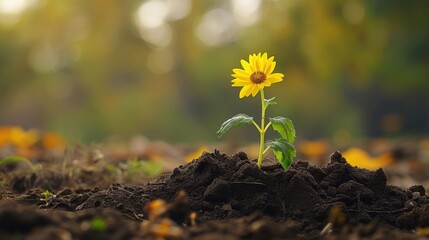 A single yellow flower emerges from a humble dirt mound, nature's vibrant resilience, Ai Generated - Powered by Adobe