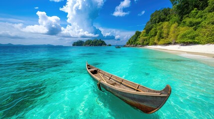 A canoe glides over turquoise tropical waters near a sandy beach, a scenic paradise, Ai Generated. - obrazy, fototapety, plakaty