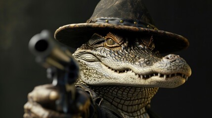 An alligator wearing a hat, wielding a gun with a fierce and daring stance, Ai Generated.