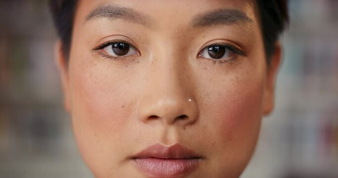 Serious, beauty and face of confident Asian woman for vision, perception and awareness. Facial expression, humanity and closeup portrait of person stare with pride, emotion and observe in Hong Kong