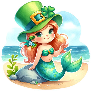 cute watercolor st.patrick mermaid