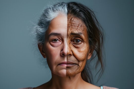 Aging length comparison. Comparison young to old woman hair dye. Less Wrinkles, toner, dynamic wrinkles, lines through skincare, anti aging cream, adolescence and face lift