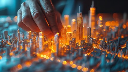 On top of a table, hands painstakingly arrange an intricate cityscape and space, Generative AI. - obrazy, fototapety, plakaty