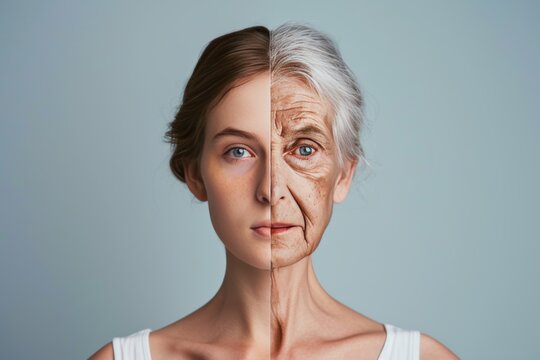 Aging skin flaking. Comparison young to old woman skin flakiness. Less Wrinkles, chronic stress, middle age, lines through skincare, anti aging cream, dryness and face lift