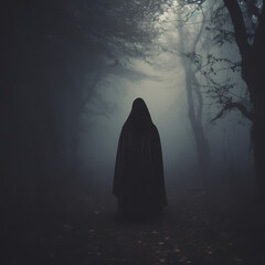 A mysterious hooded figure in a foggy forest. - obrazy, fototapety, plakaty