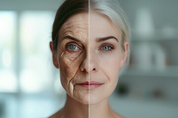 Aging sensitivity to cosmetic procedures. Young to old prurigo nodularis. Wrinkle Reducation, adaptability, platelet rich plasma, skin care, anti aging cream, comparative analysis, facial contouring - obrazy, fototapety, plakaty