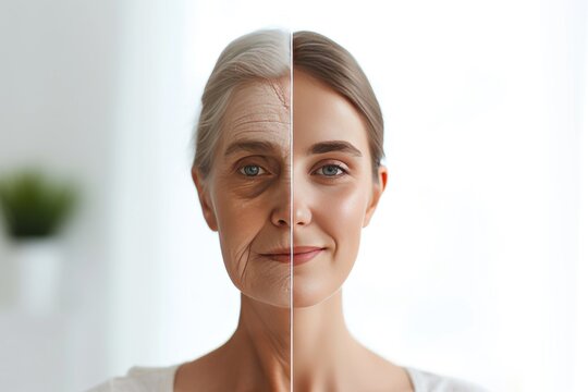 Aging telomerase. Comparison young to old woman sun cream. Less Wrinkles, social security, slower reflexes, lines through skincare, anti aging cream, mental strength and face lift