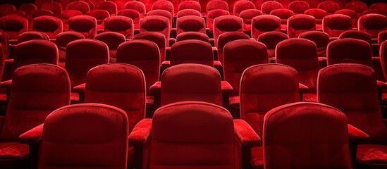 A line of vacant red seats in a movie theater, creating a vibrant display of carmine chairs in a rectangular building.