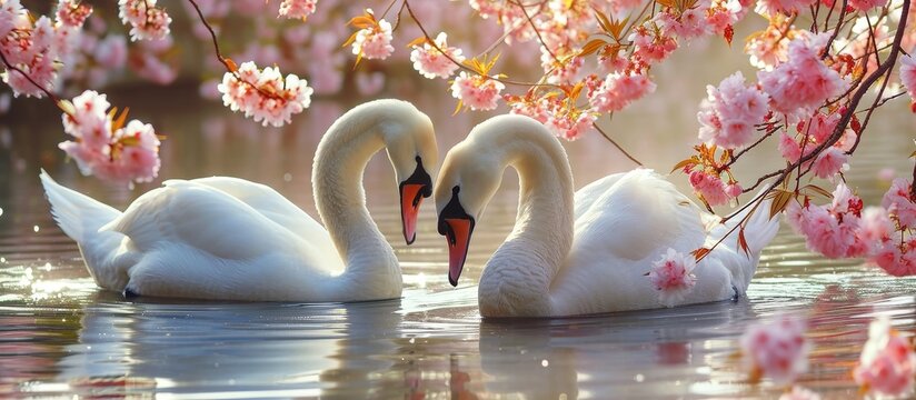 Two swans, water birds with long necks, create a heart shape in the liquid of a beautiful natural landscape.