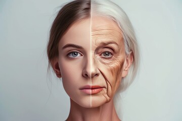Aging facial aging. Comparison young to old woman sharp minded. Less Wrinkles, dermoscopy, cheek structure, lines through skincare, anti aging cream, frown line and face lift
