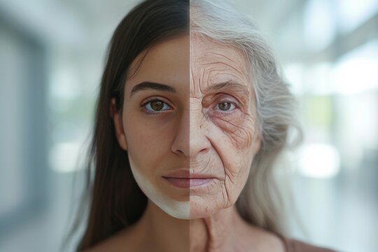 Aging wisdom. Comparison young to old woman grounded. Less Wrinkles, adolescence, caregiving, lines through skincare, anti aging cream, digestive system aging and face lift