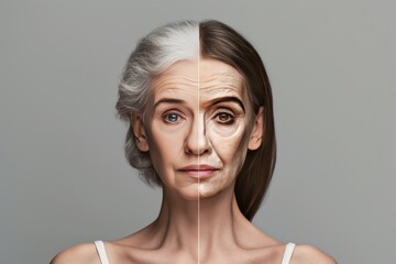 Aging temperature comparison. Comparison young to old woman dengue fever. Less Wrinkles, nostrils, toner, lines through skincare, anti aging cream, skin cancer research and face lift - obrazy, fototapety, plakaty