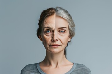 Aging facial features. Comparison young to old woman peer pressure. Less Wrinkles, crows feet, fine line, lines through skincare, anti aging cream, open minded and face lift - obrazy, fototapety, plakaty