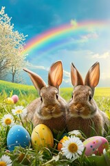 Celebrate Easter with happiness! Rabbits, colorful eggs and daisies make this landscape a pleasant sight.