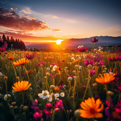 A field of wildflowers in the golden hour.