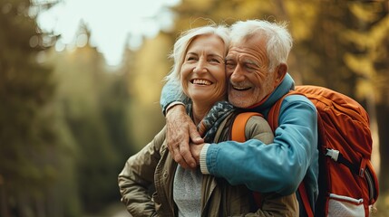 Love knows no boundaries of age. This delightful couple enjoys a leisurely walk, basking in the beauty of nature. Portrait of an active elderly couple together outdoors.