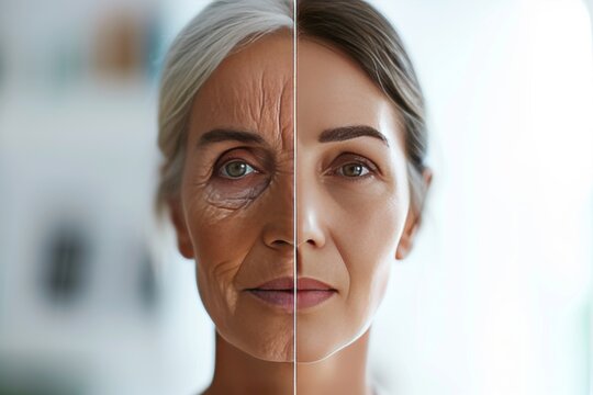 Aging sunscreen. Comparison young to old generation youthful appearance. Less Wrinkles, recurrence, mood swings, lines through skin care, anti aging cream, feminine and Plastic surgery