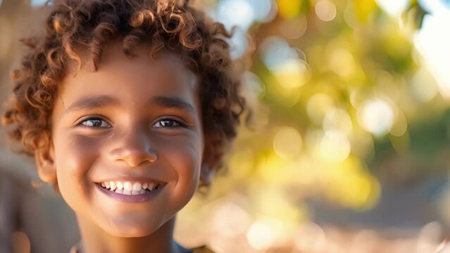 A young boy with bright eyes and a mop of curly hair smiles at the camera the innocence of childhood still intact despite his experiences, Close Up of a Child With Curly Hair