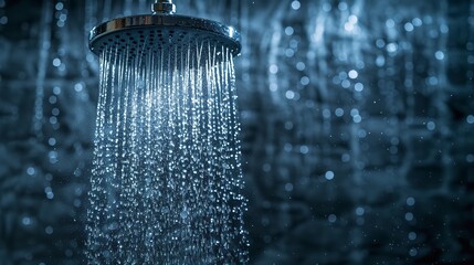 Shot of a shower head at closeup, showing filtered blue water droplets with space, Generative AI. - obrazy, fototapety, plakaty