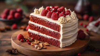A slice of red velvet cake with white vanilla cream filling, A delicious layered slice of classic...