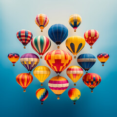 A symmetrical arrangement of colorful hot air balloons