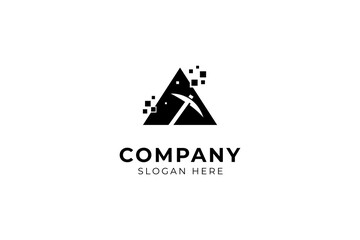 Vintage Pickaxe Logo Vector Design Illustration, Mining Concept with Triangle Silhouette shape with pixel variations - obrazy, fototapety, plakaty