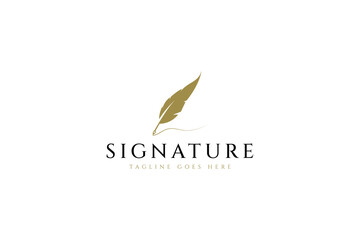 feather pen signature logo illustration vector design template with gold design color