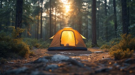 Camping picnic tent campground in outdoor hiking forest