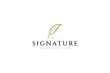 Creative quill signature logo design with minimalist feather ink Premium