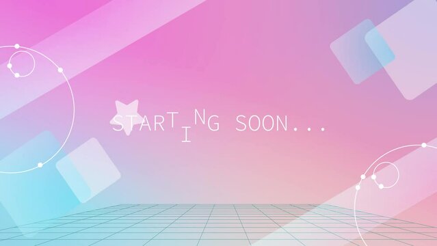 可愛い幾何学模様のサイバー空間にstarting soonの文字　ピンクグラデーション