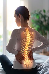 Digital composite of highlighted spine of woman with back pain at home. The highlighted spine depicts the agony of chronic back pain.