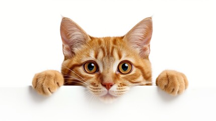 A playful cat peeking from behind a white surface.