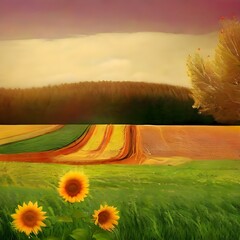 beautiful landscape of fields against a background of mountains and sunflowers