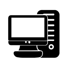 Computer set icon. Motherboard, monitor, system unit, desktop, screen, processor, cpu, work place, laptop, pc working, office. Vector icon in line, black and colorful style on white background