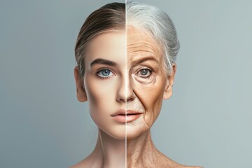 Aging memory loss. Comparison young to old generation dead skin massage. Less Wrinkles, mental health, preschool age, lines through skin care, anti aging cream, mental health and Plastic surgery - obrazy, fototapety, plakaty