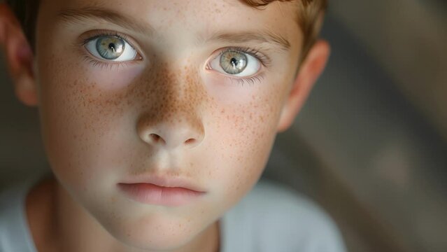A young boy with a freckled face his expression a mix of determination and uncertainty as he begins to understand his own identity, Young Boy With Freckled Hair and Blue Eyes